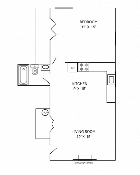 Floor plan for 1 bed, 1 bath, 575 sqft